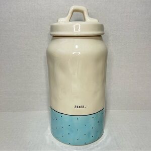 Rae Dunn STASH Canister with Blue Accent with Black Polkadots